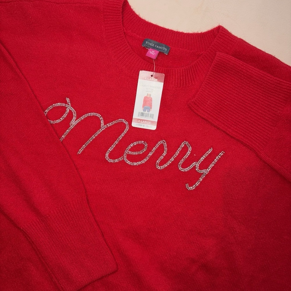 New Vince Camuto Ultra Soft Red Knit Merry Crewneck Christmas Holiday Sweater XL